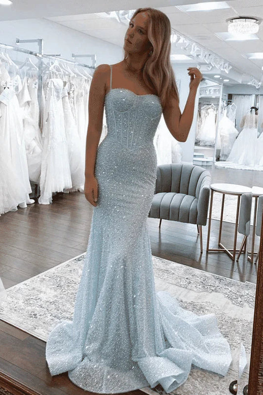 Glitter Blue Prom Formal Dress Long Mermaid Straps Holiday Dresses