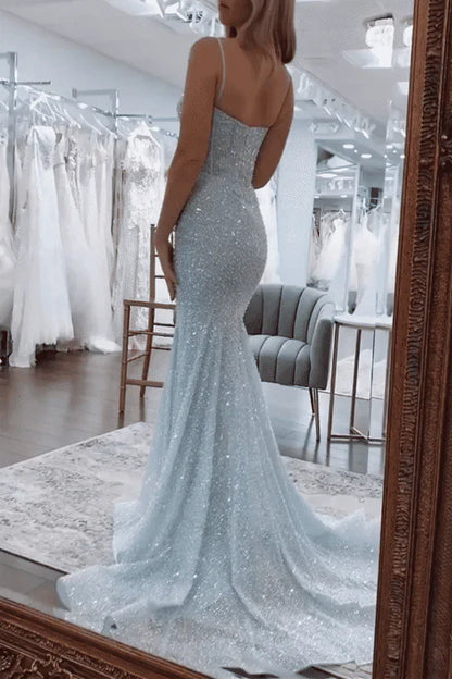 Glitter Blue Prom Formal Dress Long Mermaid Straps Holiday Dresses