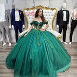 Glitter Emerald Green Tulle Illusion Quinceanera Dress Sweet 15 Dresses