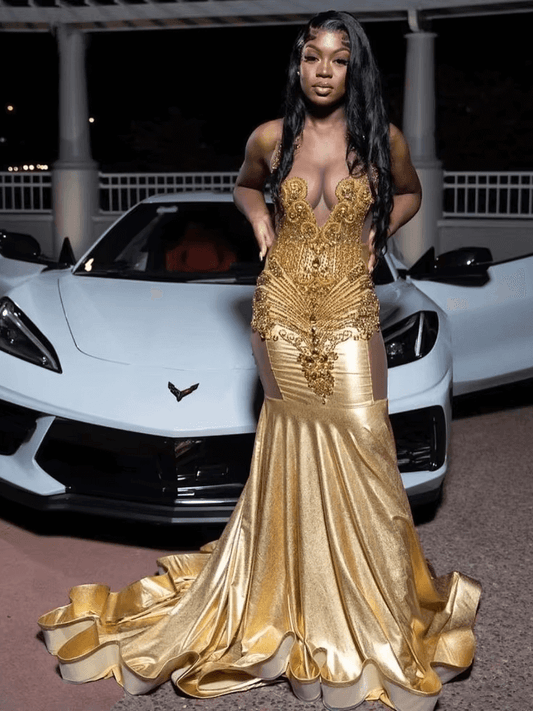 Gold Long Fitted Mermaid Prom Dresses Crystal Rhinestones