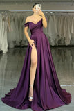 Grape Long Satin Prom Dress with Slit Long Wedding Party Gown