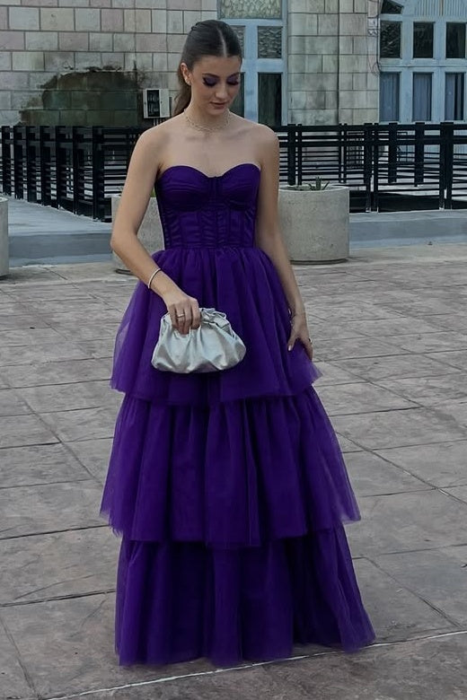 Grape Tulle A-Line Sweetheart Strapless Tiered Prom Dress Corst Formal Evening Gown