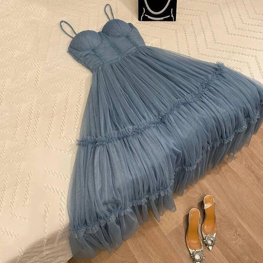 Dusty Blue Midi Prom Dresses Strappy Tulle Gown
