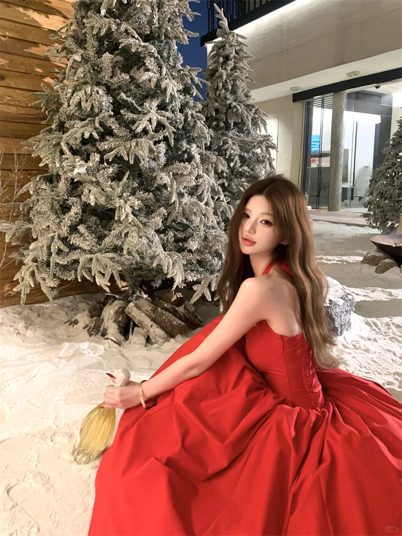 Halter A Line Satin Long Prom Dress Red Midi Evening Dresses Birthday Dress