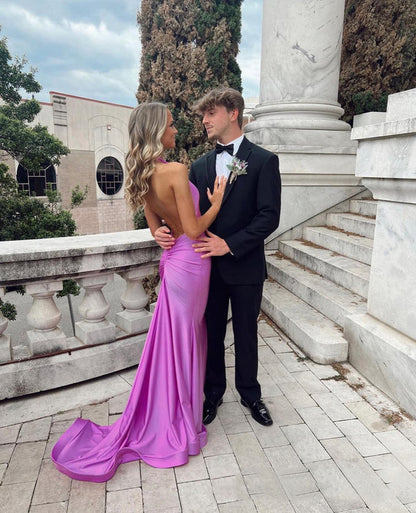 Gorgeous Halter Prom Dresses Long Satin Graduation Gown