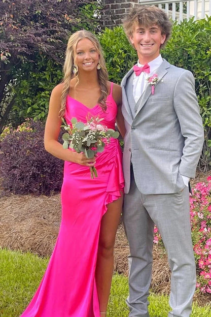 Hot Pink V-Neck Sleeveless Satin Mermaid Party Prom Dress with Slit