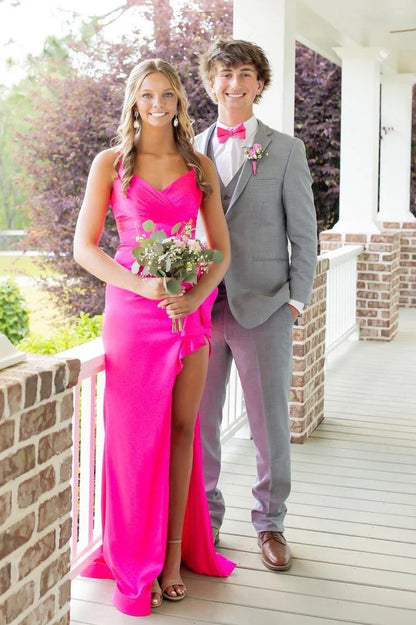 Hot Pink V-Neck Sleeveless Satin Mermaid Party Prom Dress with Slit