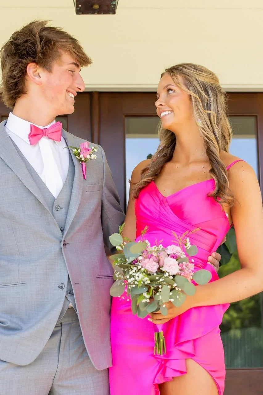 Hot Pink V-Neck Sleeveless Satin Mermaid Party Prom Dress with Slit