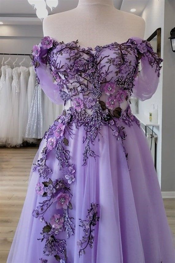Stunning Off The Shoulder Intricate 3D Foral Appliques Long Prom Dress Fairy Evening Dresses