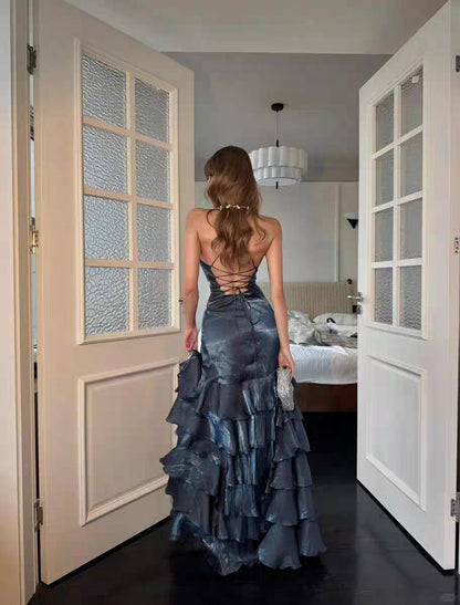 Elegant Navy Blue Long Prom Dresses Slit Formal Pageant Dress