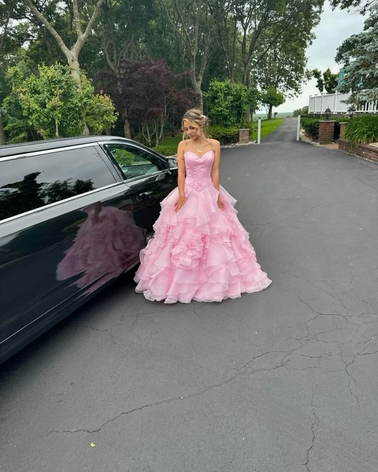 Ball Gown Pink Strapless Long Prom Dresses Ruffled Formal Dress Birthday
