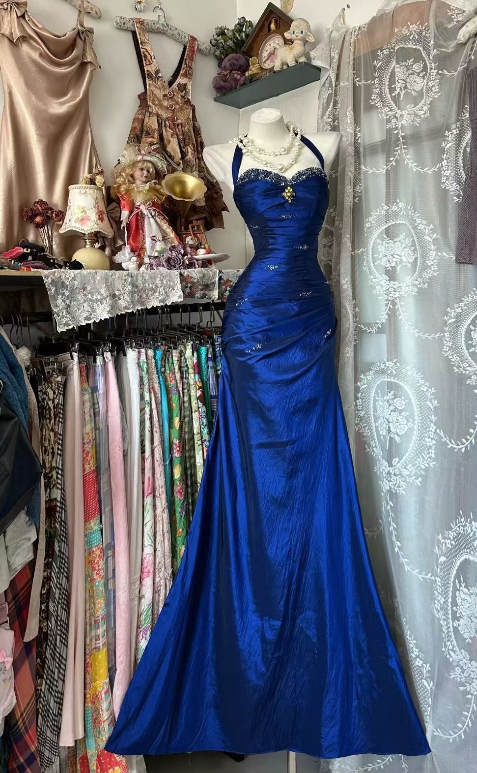 Royal Blue Mermaid Long Prom Dress Beaded Fitted Wedding Guest Dresses