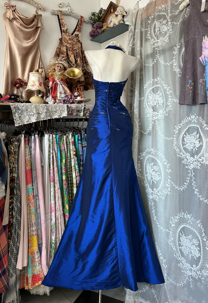 Royal Blue Mermaid Long Prom Dress Beaded Fitted Wedding Guest Dresses