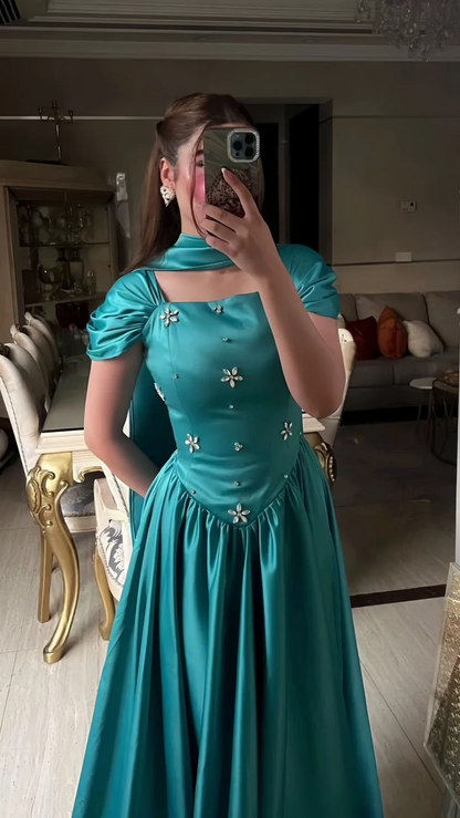 Blue A-Line Prom Dresses Beaded Long Satin Elegant Evening Dress for Woman Luxury