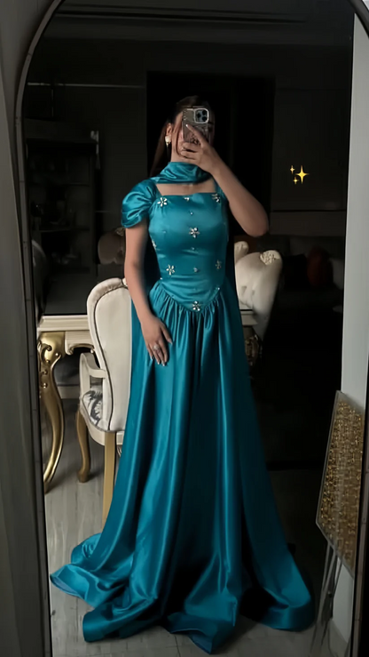Blue A-Line Prom Dresses Beaded Long Satin Elegant Evening Dress for Woman Luxury