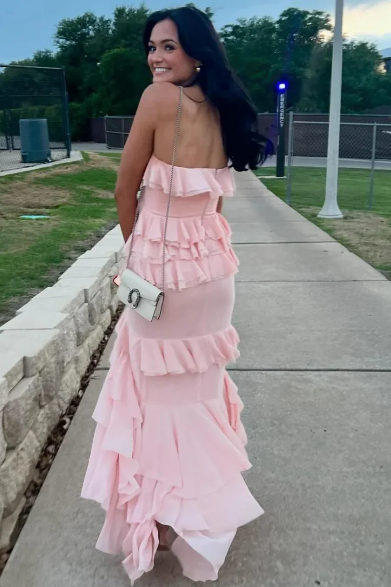 Elegant Ruffles Strapless Sleeveless Layered Long Prom Outfit Open Back