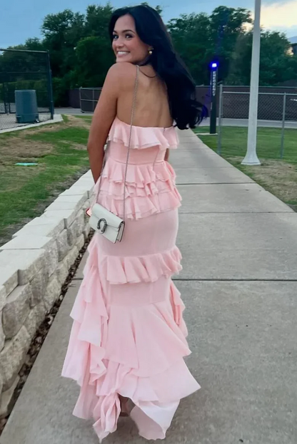Elegant Ruffles Strapless Sleeveless Layered Long Prom Outfit Open Back