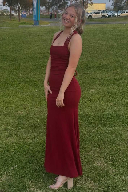 Elegant Straps Square Neck Burgundy Long Formal Prom Dresses Lady Dress for Party