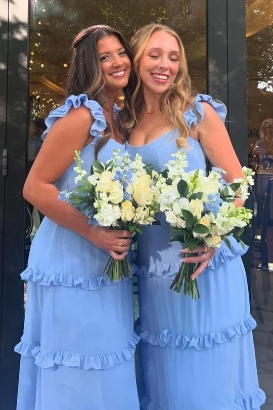 Blue A-Line Ruffles Straps Chiffon Long Prom Dress Wedding Bridesmaid Dresses
