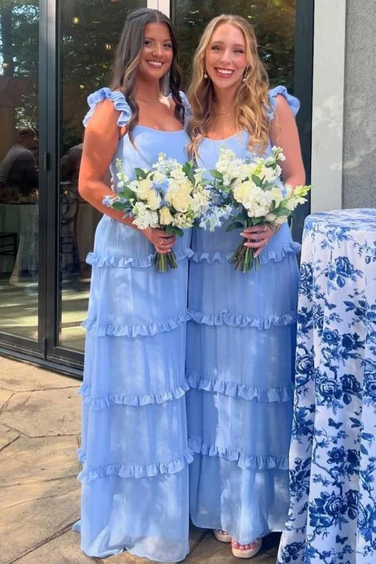 Blue A-Line Ruffles Straps Chiffon Long Prom Dress Wedding Bridesmaid Dresses