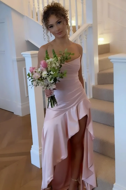 Elegant Spaghetti Straps Cowl Neck Ruffles Satin Prom Dress