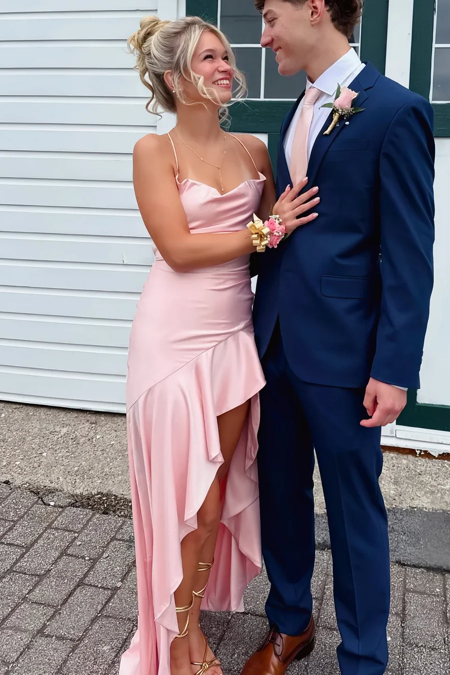 Elegant Spaghetti Straps Cowl Neck Ruffles Satin Prom Dress
