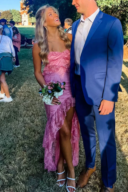 Luxury Strapless Lace Ruffles High Slit Prom Dress Formal Graduation Dresses