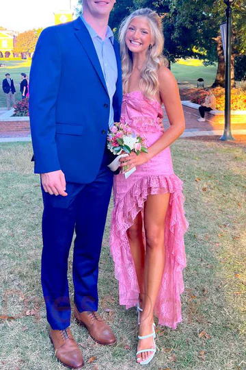Luxury Strapless Lace Ruffles High Slit Prom Dress Formal Graduation Dresses