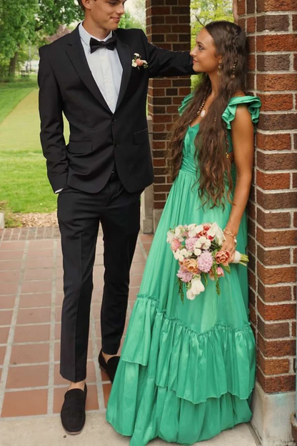 Cute Green A-Line V-Neck Prom Dress Layered Lady Dress for Special Occasion