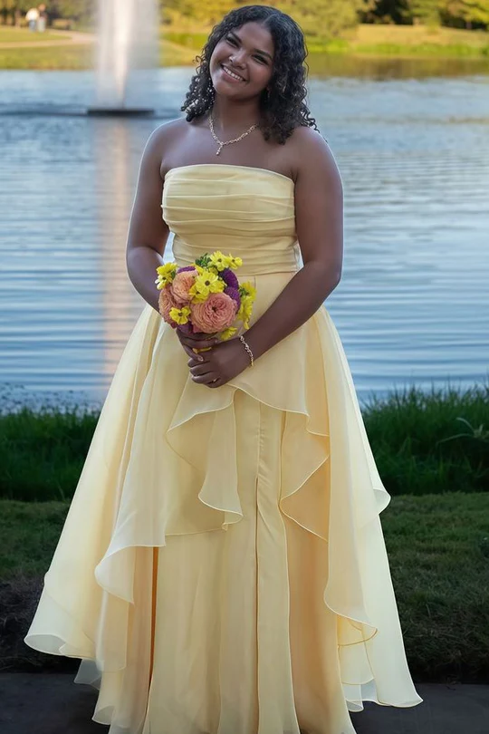 Yellow A-Line Strapless Ruffles Prom Dress Plus Size Graduation Dresses