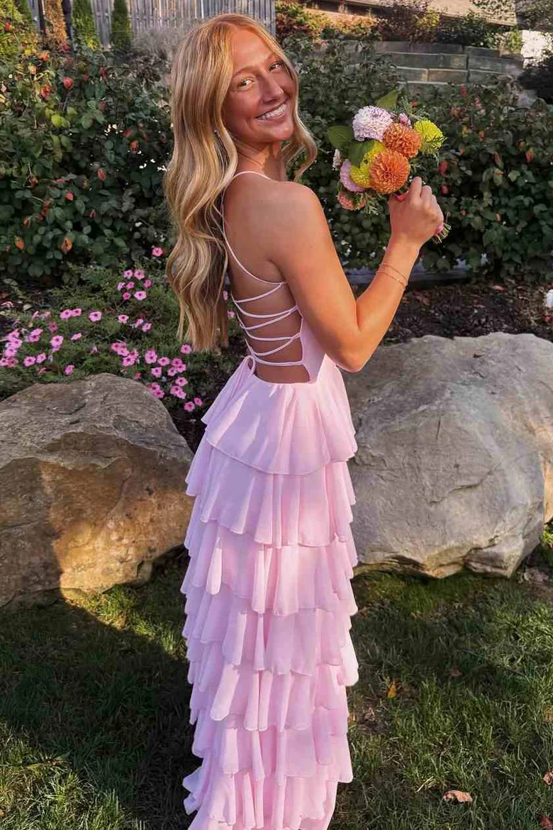Pink Spaghetti Straps Tiered Chiffon Long Prom Dress with Slit Ball Gowns