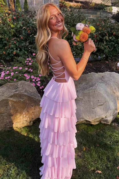 Pink Spaghetti Straps Tiered Chiffon Long Prom Dress with Slit Ball Gowns