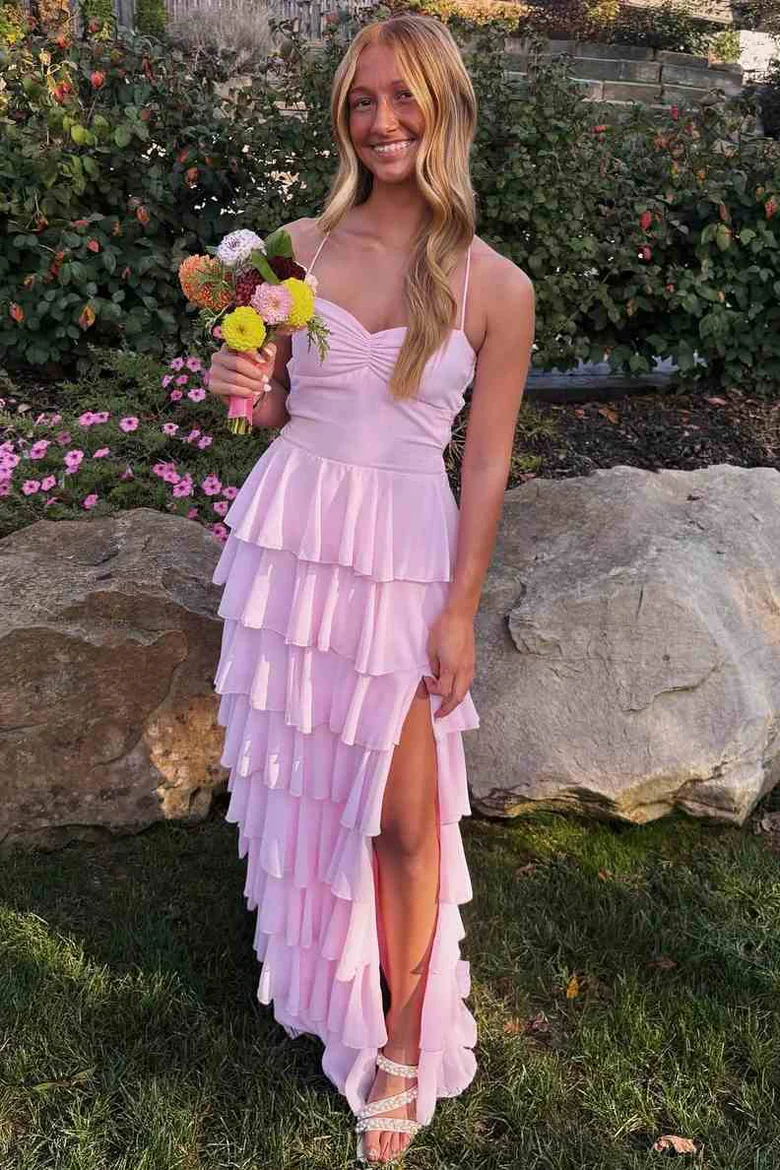 Pink Spaghetti Straps Tiered Chiffon Long Prom Dress with Slit Ball Gowns