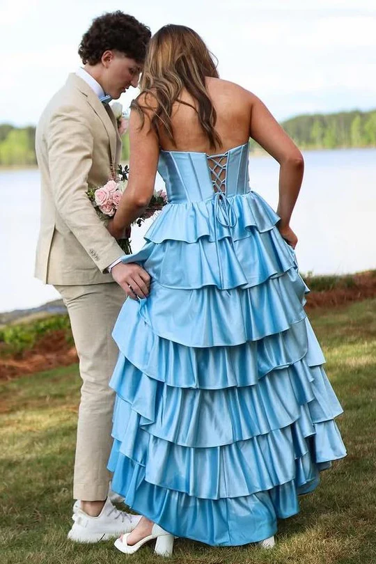 Beautiful A-Line Strapless Satin Long Prom Dress Layered Evening Gown Luxury Elegant