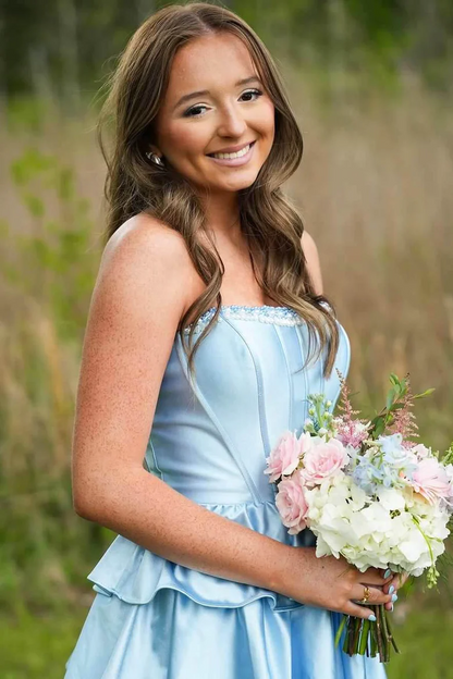 Beautiful A-Line Strapless Satin Long Prom Dress Layered Evening Gown Luxury Elegant