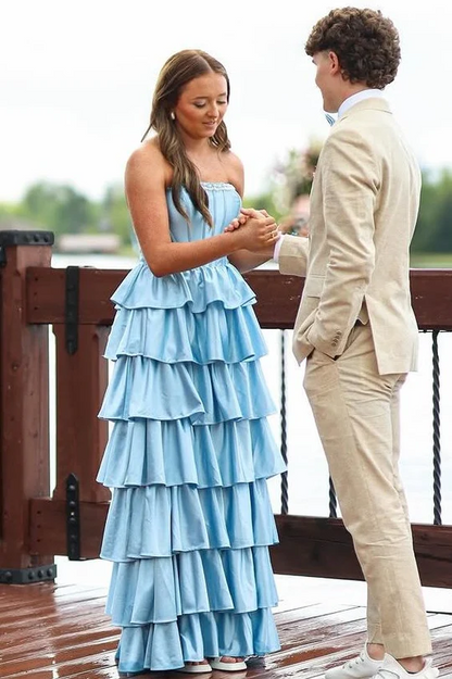 Beautiful A-Line Strapless Satin Long Prom Dress Layered Evening Gown Luxury Elegant