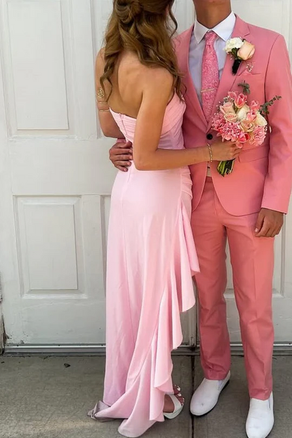 Fancy Pink Strapless Pleated Satin Side Slit Long Prom Party Dresses