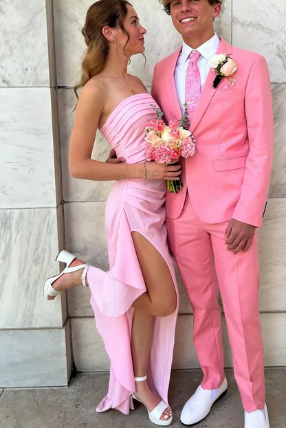Fancy Pink Strapless Pleated Satin Side Slit Long Prom Party Dresses