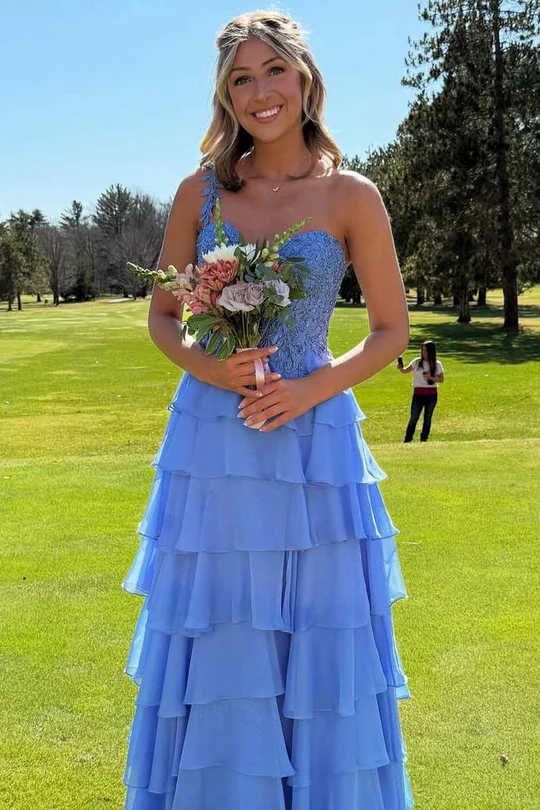 One Shoulder A-Line Layered Chiffon Prom Dresses Birthday Dress Woman