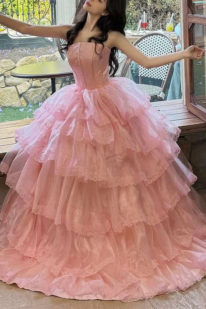 Princess Pink Strapless Layered Long Birthday Dress Corset Back Prom Dresses