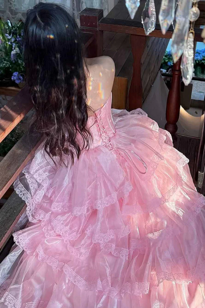 Princess Pink Strapless Layered Long Birthday Dress Corset Back Prom Dresses