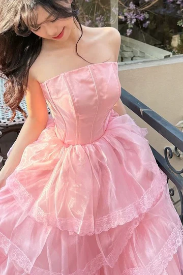 Princess Pink Strapless Layered Long Birthday Dress Corset Back Prom Dresses