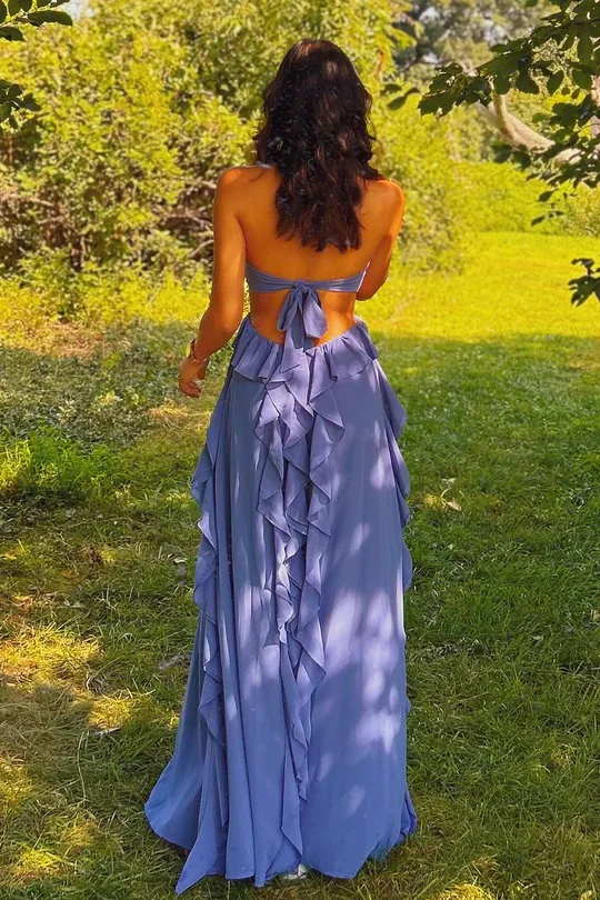 Pretty Halter Ruffle Chiffon Long Prom Dress Wedding Guest Outfit