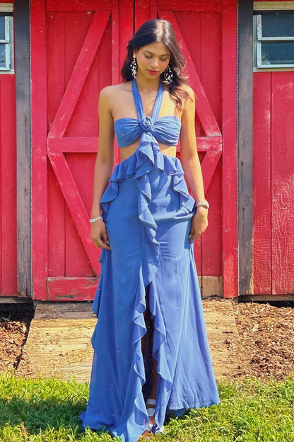 Pretty Halter Ruffle Chiffon Long Prom Dress Wedding Guest Outfit