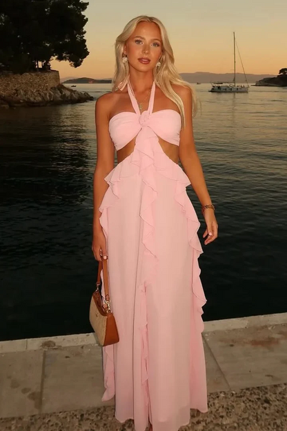 Pretty Halter Ruffle Chiffon Long Prom Dress Wedding Guest Outfit