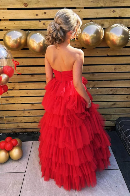Strapless Tulle A-Line Tiered Long Prom Dress Red Graduation Gown
