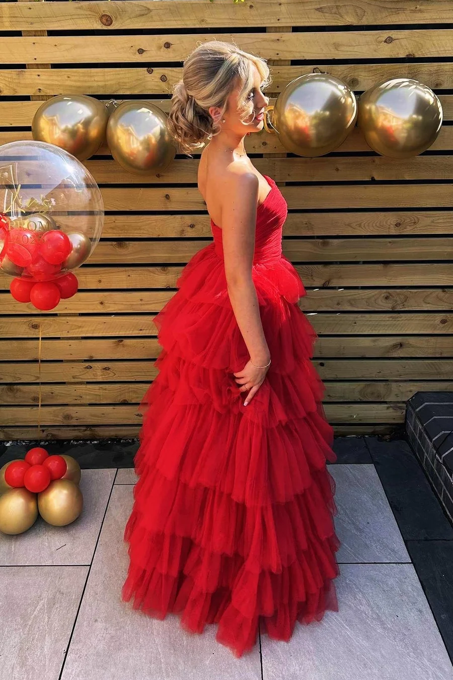 Strapless Tulle A-Line Tiered Long Prom Dress Red Graduation Gown