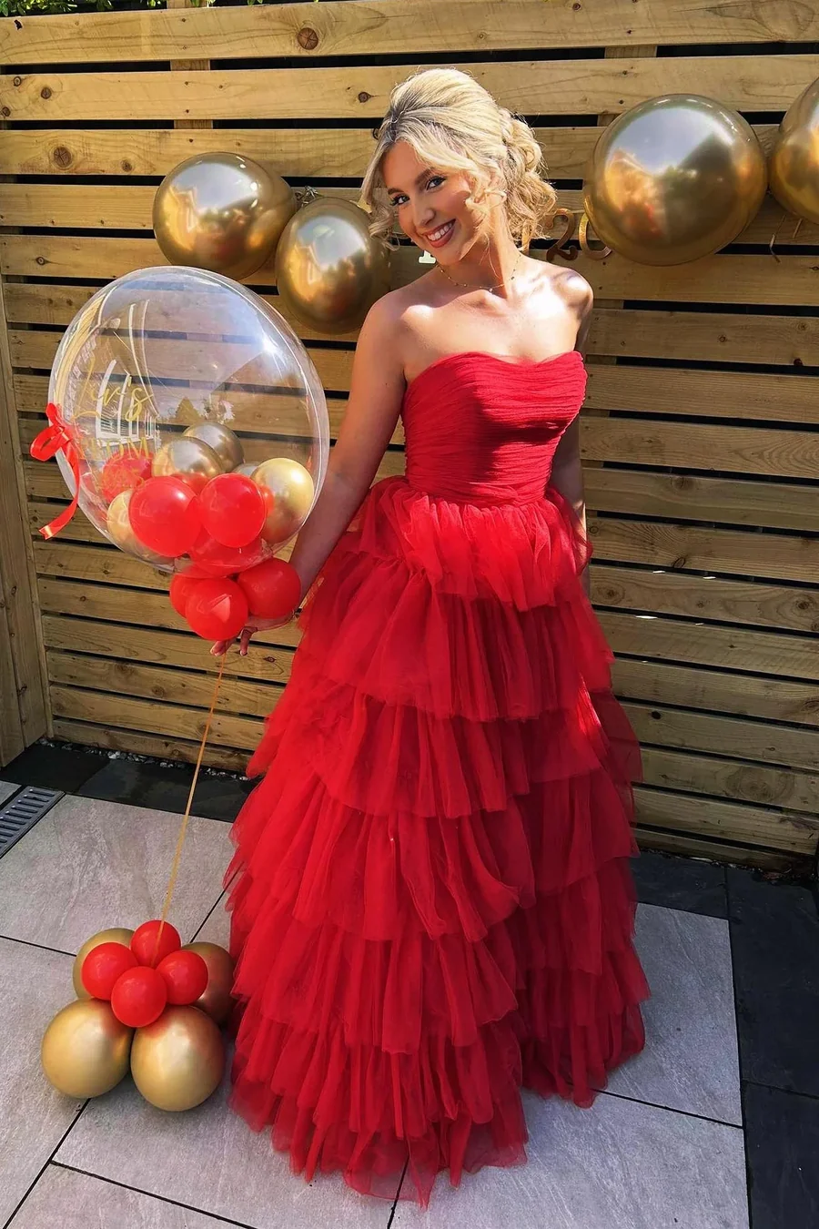 Strapless Tulle A-Line Tiered Long Prom Dress Red Graduation Gown
