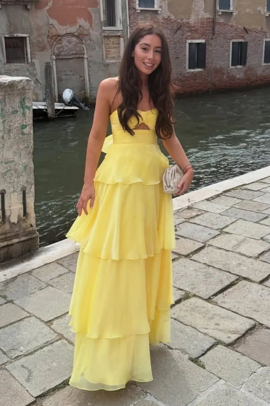 Chiffon A-Line Spaghetti Straps Tiered Prom Outfit Wedding Guest Dress