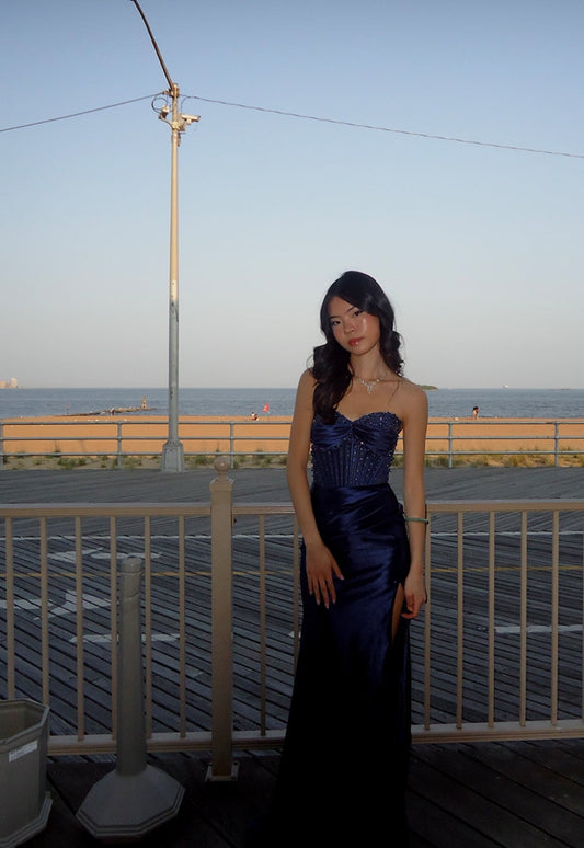 Classy Sweetheart Mermaid Satin Prom Dress Navy Blue Slit Special Occasion Dresses